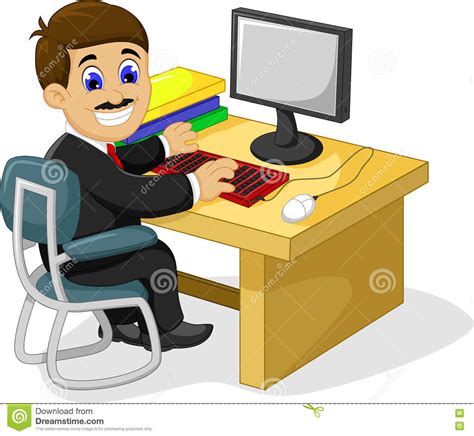 Funny Businessman Cartoon Working In His Office Desk Stock
