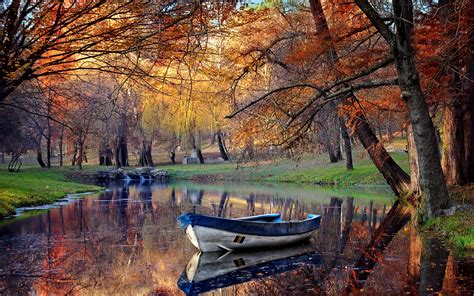 Landscape Fall Boat Park Pond Reflection Trees Nature Water Grass