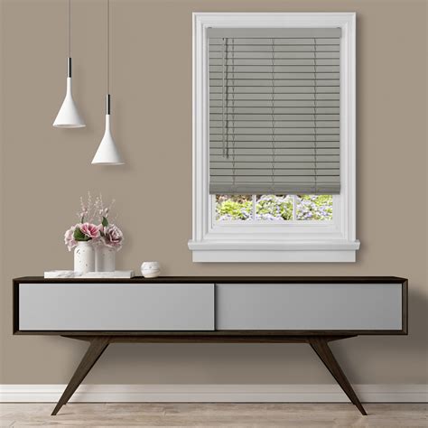 Cordless Gray Mini Window Blinds 2 Inch Faux Wood Grain Plantation