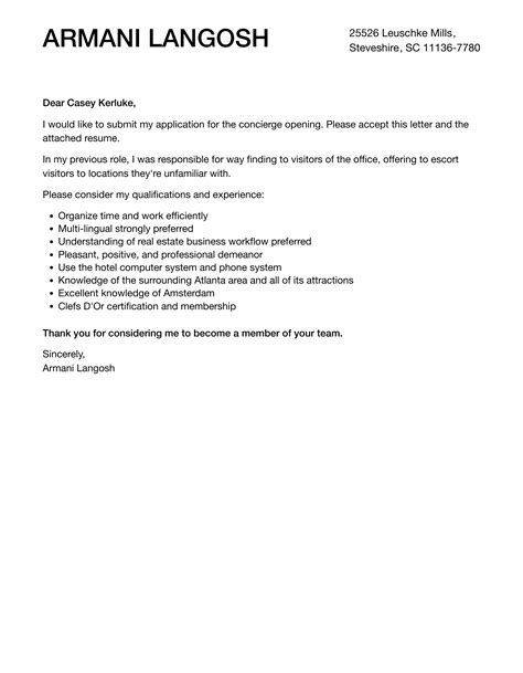 Concierge Cover Letter Velvet Jobs