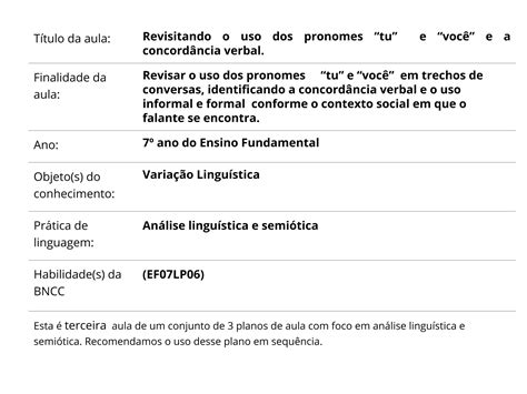 Plano De Aula Ano Revisitando O Uso Dos Pronomes Tu E Voc E Hot