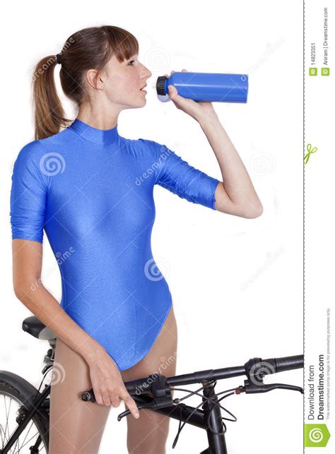 Woman On Bike Drinking Water Stock Image Image Of