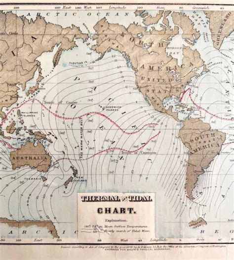 Map Of The World 1884 Thermal Tidal Chart Victorian Lithograph Antique