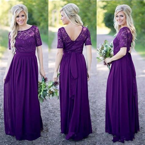 Long Formal Purple Lace Chiffon Modest Bridesmaid Dresses 2019 With