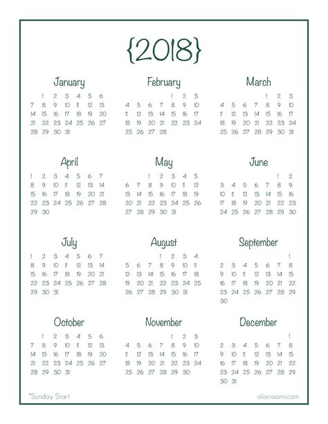 Printable Year At A Glance Calendar