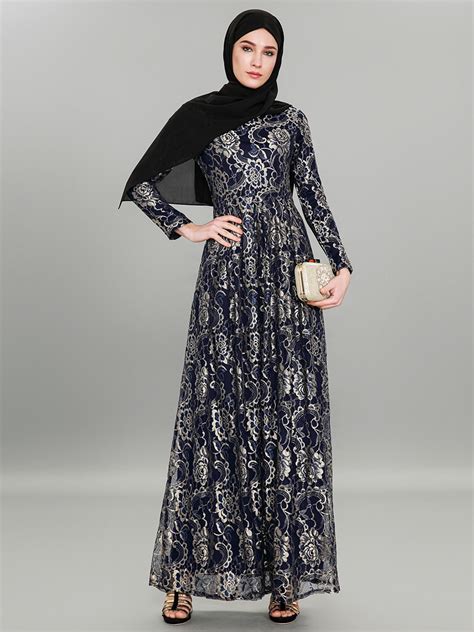 2019 Women Muslim Dress Elegant Club Party Lace Abaya Dress O Neck Long