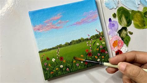 Flower Field Landscape Painting Acrylic Painting Tutorial Acrylic Painting For Beginners