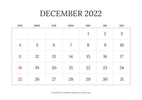 December 2022 Printable Calendar Blank Templates In Pdf Bordio