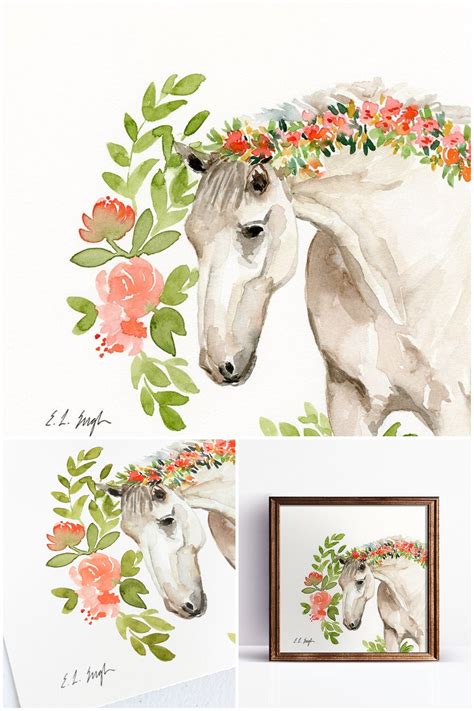 Watercolor Horse With Flowers Flowers Cjk