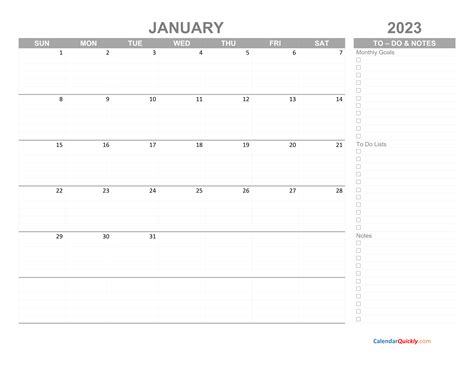January 2023 Calendar With To Do List Calendar Quickly
