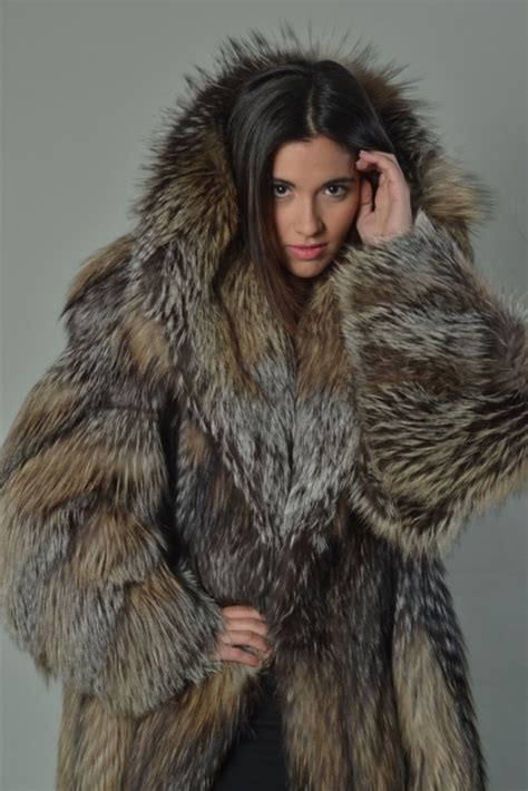 Full Length Crystal Fox Fur Coat Hooded Skandinavik Fur