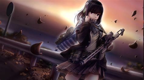 Anime Girls Anime Scarf Original Characters Black Hair Gun