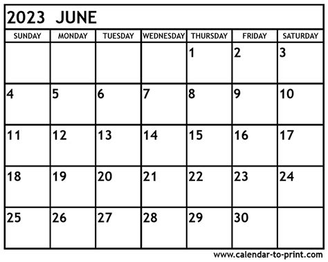 June 2023 Printable Calendar Printable Blank World