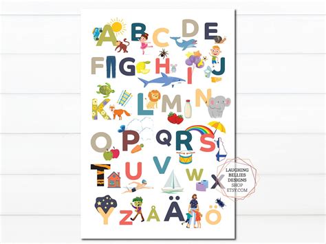 Finnish Alphabet Poster Chart With Pictures Kids Abc Finnish Etsy