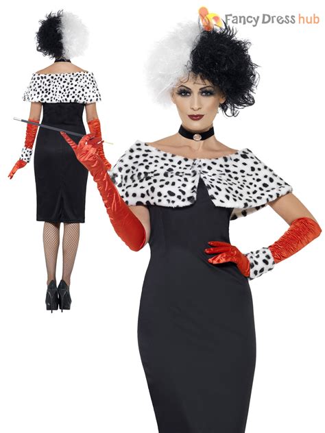 Ladies Cruella Costume Black White Wig Dalmatian Ladies Fancy Dress