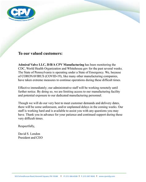 Letter to Our Customers Concerning COVID-19 - CPV Manufacturing