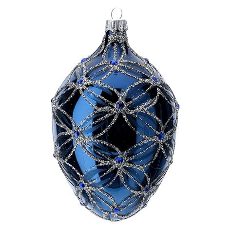 Oval Bauble In Blue Blown Glass With Pearls And Silver Decorations 100mm Online Sales On