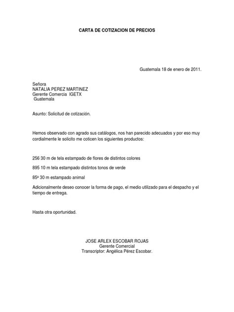 Carta De Cotizacion De Precios Guatemala Pagaré