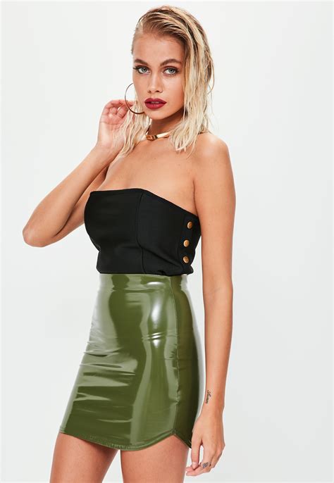 Lyst Missguided Khaki Vinyl Curve Hem Mini Skirt In Green