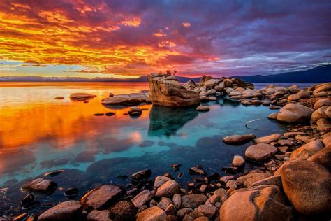 Laminated Stunning Lake Tahoe Rocky Shore Colorful Sunset Photo Beach