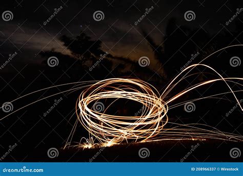 Light Painting With Steel Wool Pyrotechnic Display At Night Stock