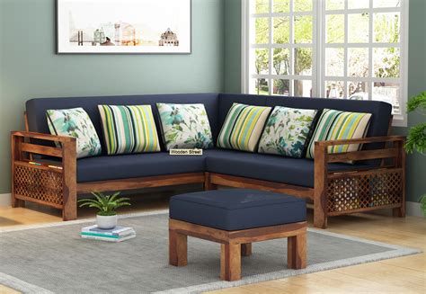 Buy finest quality premium sofas @ furny.in. Buy Vigo L-Shaped Wooden Sofa (Indigo Ink, Teak Finish) Online in India - Wooden Street