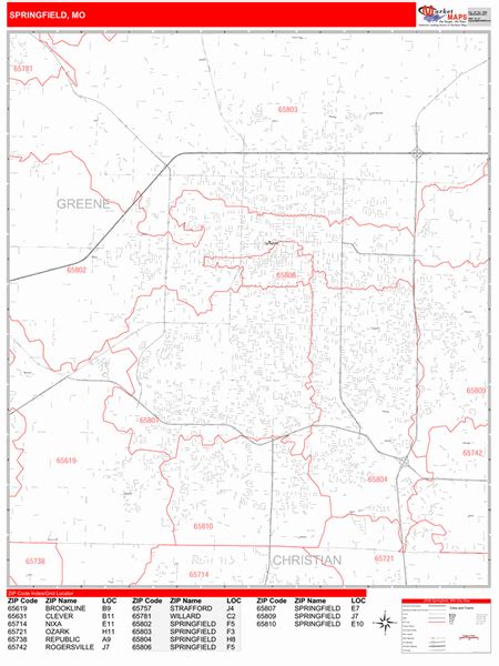 Springfield Missouri Zip Code Wall Map Red Line Style By Marketmaps