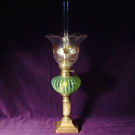 Antique Vaseline Glass Oil Lamp Painted Floral Shade C1890 Oil Lamps Vaseline Glass Lamp