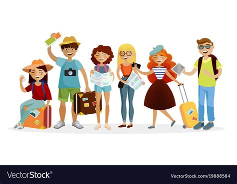 Group Of Tourists Cartoon Characters Flat Vector Image