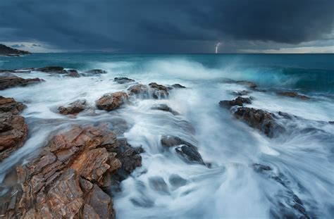 Nature Landscape Clouds Water Sea Storm Lightning Rock Waves
