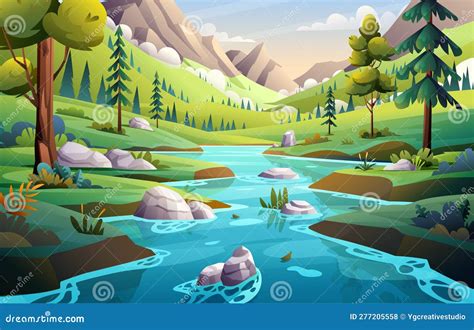 Blue River In Mountain Valley Landscape Stock Vector Illustration Of