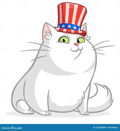 Funny Cartoon Fat Cat Sitting And Wearing Uncle Sam Hat Kitty