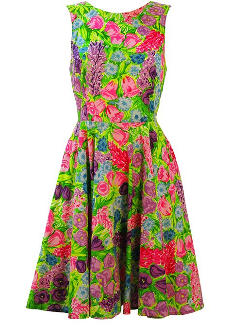 Eyebrows visible through hair 773144? Bright Green Flare Dress with Pink & Purple Floral Print ...