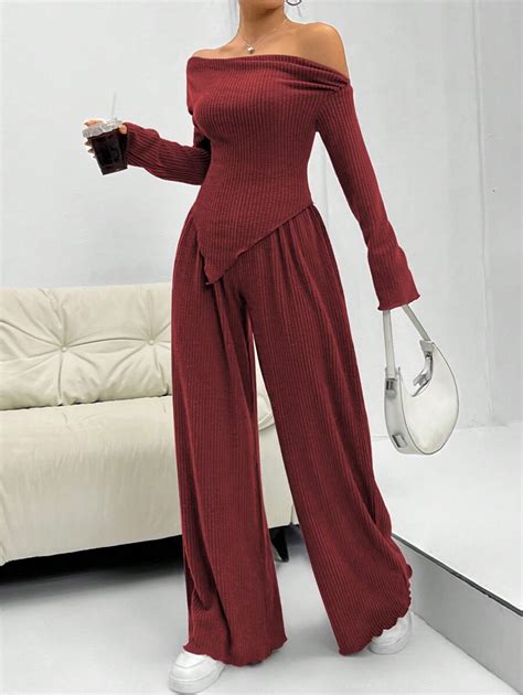 Shein Moosta Pcs Solid Color Asymmetrical Collar Long Sleeve Top And Pants Casual Suit For New