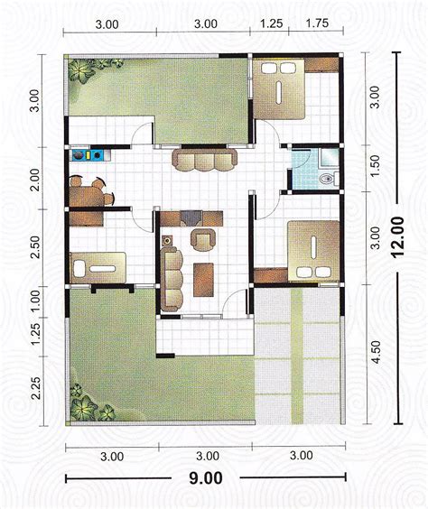 Mo minta tolong desain untuk rumah 12 x 14 m 1 lantai terletak dipersimpangan jalan yg diperlukan; DENAH LEBAR 9 METER | Gambar-Rumah-Idaman.com