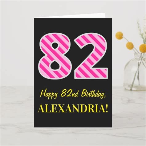 Fun Pink Striped 82 Happy 82nd Birthday Name Card