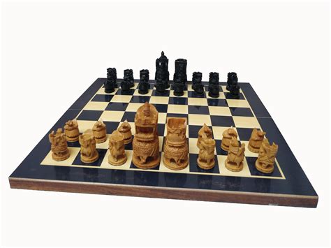 Wood Hand Carved Chess Pieces Indian Maharajah Design Chess Etsyde