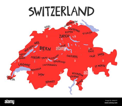 Mappa stilizzata a mano della Svizzera Illustrazione delle città della