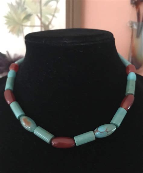Egyptian Style Turquoise And Carnelian Bead Necklace Signed Etsy