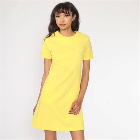 Mod Mini Dress Yellow Dress 60s Shift Poly Short Sleeve Textured Dress