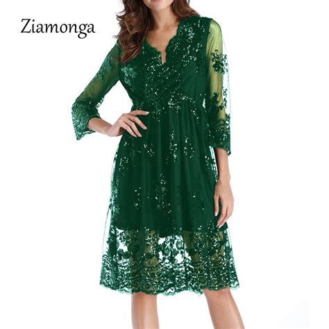 Ziamonga 2019 V Neck Long Sleeve Sequin Sexy Dresses Women Mesh