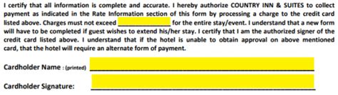 I authorize the above named hotel to charge the credit card indicated in this authorization form according to the terms outlined on this authorization form. Free Country Inn and Suites Credit Card Authorization Form ...