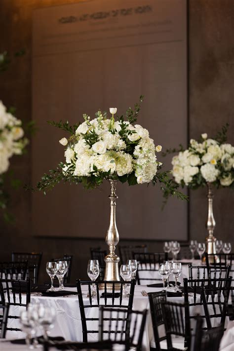 Tall Ivory Rose And Hydrangea Centerpieces On Pewter Pedestals
