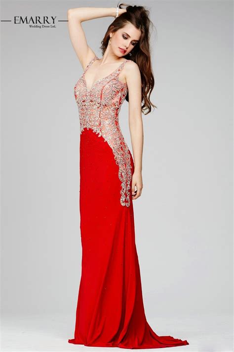 Sexy Lace Red Prom Dresses 2016 Open Back V Neck Crystal Satin Luxury