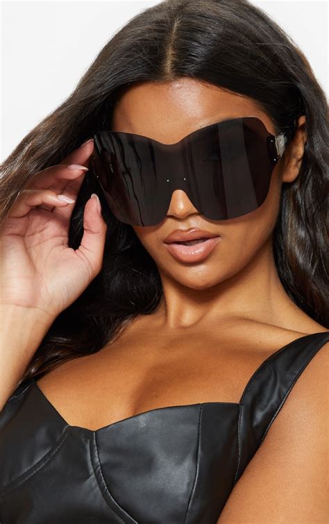 Black Oversize Frameless Visor Style Sunglasses Prettylittlething Usa