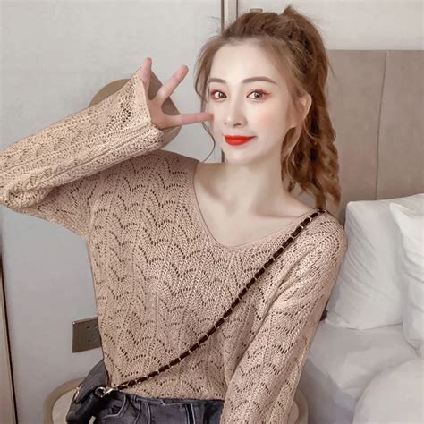 Womens Sweater Korean Style V Neck Loose Fit Long Sleeve Cutout