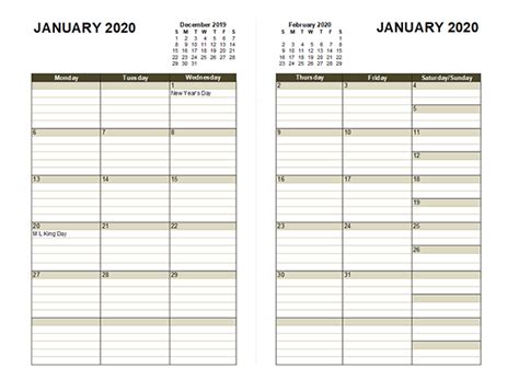 2020 Two Page Monthly Calendar A3 Free Printable Templates