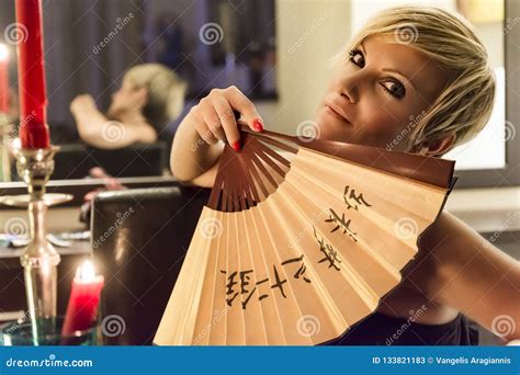 Woman Is Holding A Fan Stock Image Image Of Eyes Adult 133821183