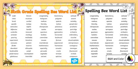 Sixth Grade Spelling Bee Word List Professor Feito