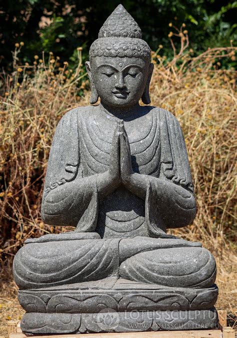Sold Carved Lava Stone Anjali Namaste Mudra Full Lotus Garden Buddha